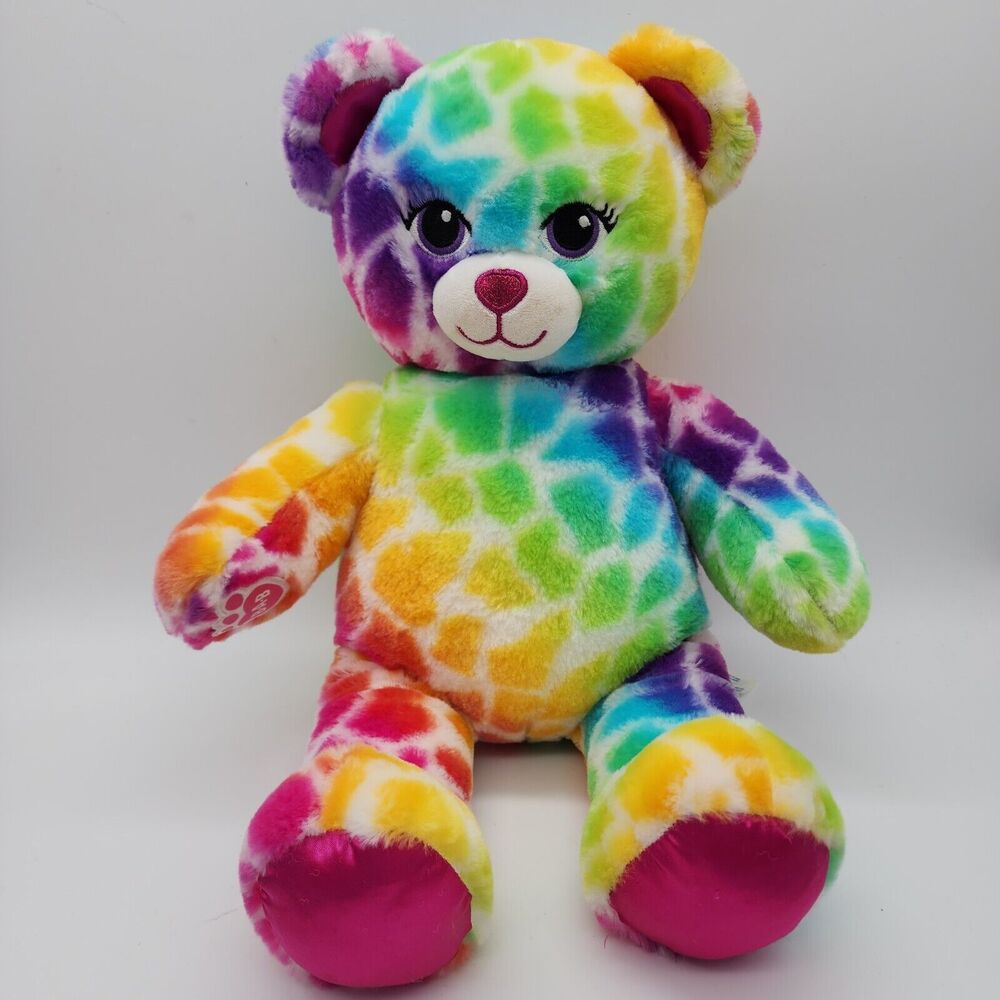 Build A Bear Rainbow Mosaic Teddy Bear Plush 17" Pink Nose Sewn Eyes Eyelashes